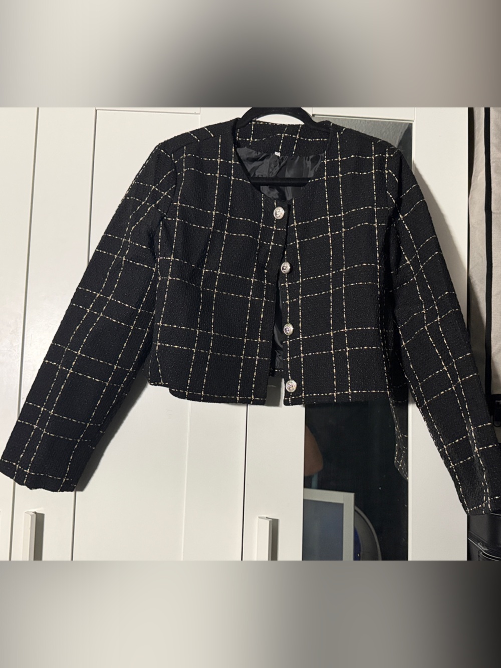 Black Windowpane Cropped Jacket with Pearl Buttons